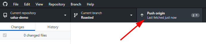 The roasted branch is the current branch. An arrow points to the push tab.